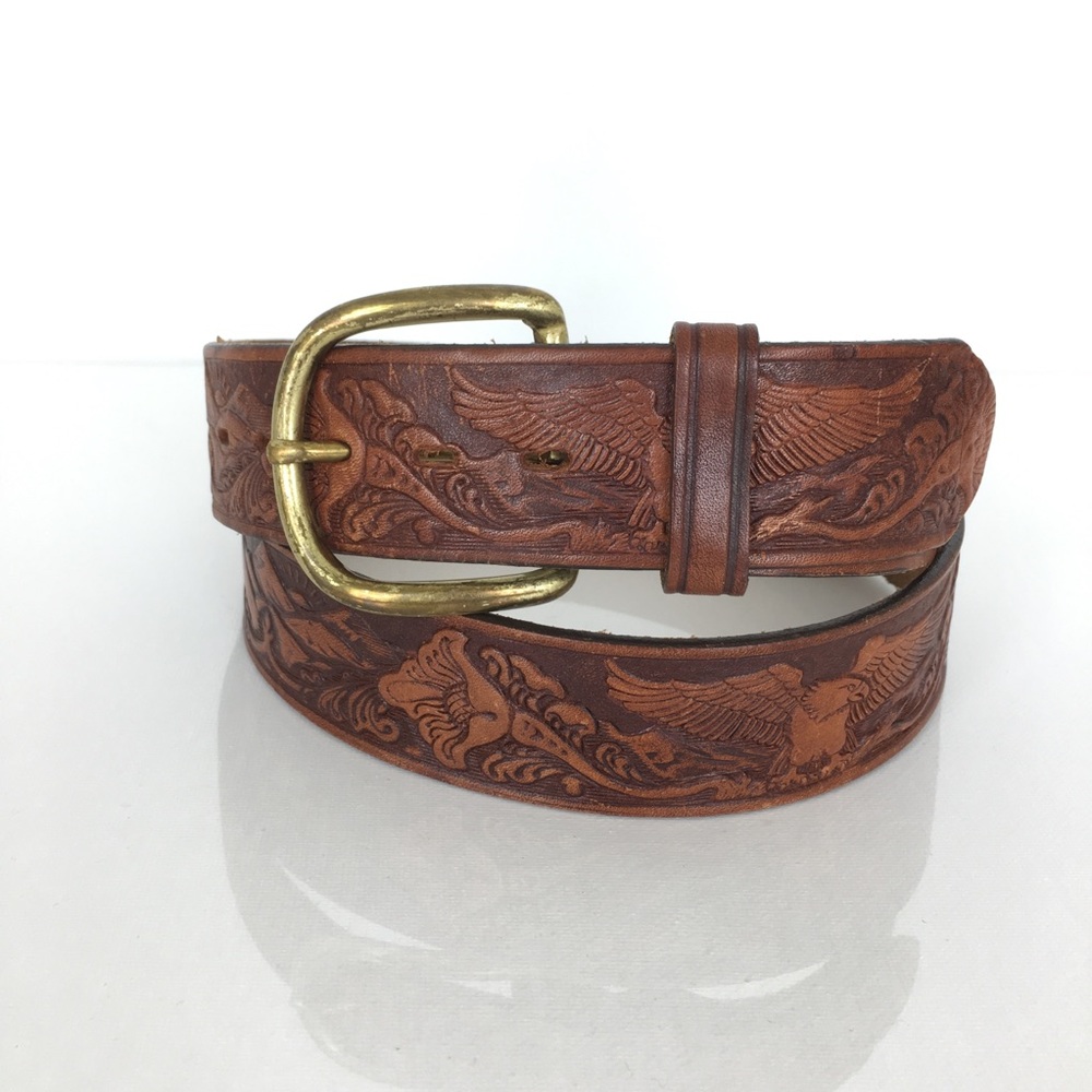 Vintage Tooled Leather Eagle & Mountain Belt Brown Brass Buckle Western Cowgirl